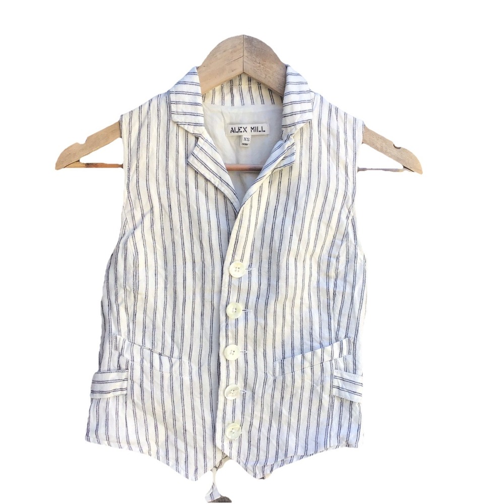 Alex Mill Women's XS Striped Linen Tie Back Button Vest White Blue Sleeveless